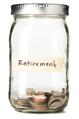 Coins in retirement jar on White