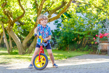 kid boy driving tricycle or bicycle in garden