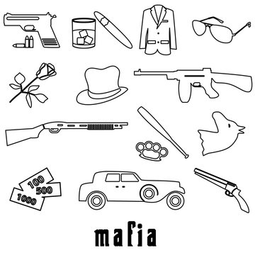 mafia criminal black outline symbols and icons set eps10