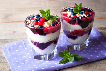 Dessert with yougurt,  jam and berries