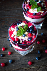 Dessert with yougurt,  jam and berries