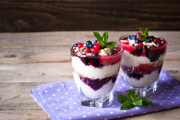 Dessert with yougurt,  jam and berries