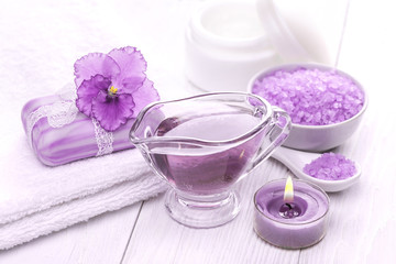 Obraz na płótnie Canvas sea salt and essential oils, purple violet. spa