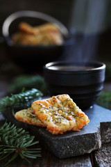 two cheese crackers and hot coffee