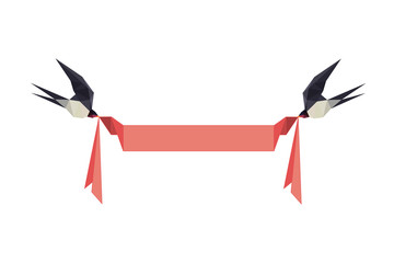 Illustration with origami swallows holding banner