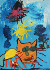 children's drawing oil paints "walking cat", the painter Lucy Pruglo, 6 years old.