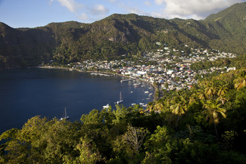 Fototapeta na wymiar The historic city of Soufriere sits at the base of the Pitons in St. Lucia.
