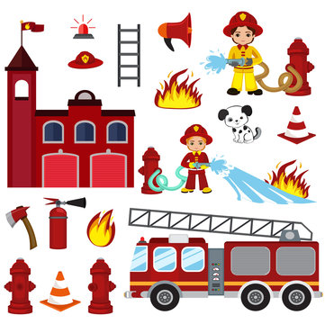 firefighting characters, hose, fire station, fire engine, fire alarm, extinguisher, axe, and hydrant.vector cartoon  illustration isolated on white background.