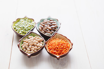 Healthy pulses products chick-pea, lentil, beans and peas, selective focus