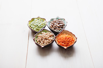 Healthy pulses products chick-pea, lentil, beans and peas, selective focus
