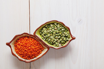 Healthy pulses products lentil and peas, top view
