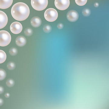 Pearls vector bokeh in the corner on a blue bokeh fog background.