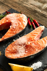 Raw salmon steaks
