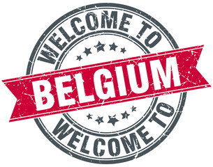 welcome to Belgium red round vintage stamp