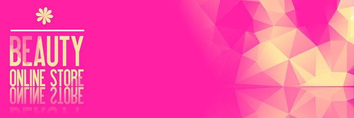 Beauty Online Store - Banner - Pink Background - Template for Website - Low Poly design - Gold Yellow Text - Mirrored