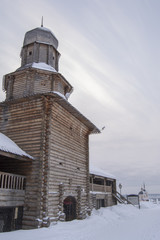 The wooden tower in the winter in Tomsk