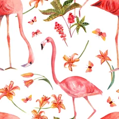 Papier Peint photo Flamingo Seamless background pattern with vintage watercolor flamingo bird