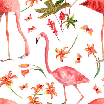 Seamless background pattern with vintage watercolor flamingo bird
