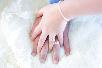 The hands of a wedding couple with wedding rings