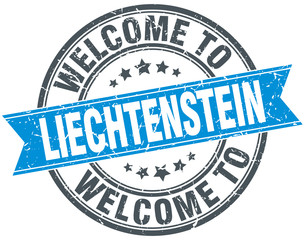 welcome to Liechtenstein blue round vintage stamp