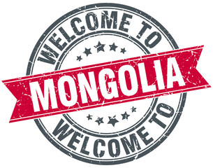 welcome to Mongolia red round vintage stamp