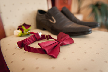 groom set clothes. Wedding rings, shoes, cufflinks and bow tie