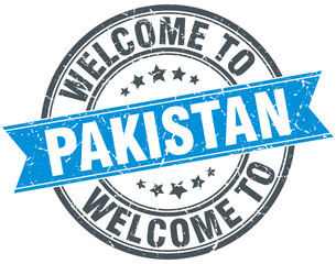 welcome to Pakistan blue round vintage stamp