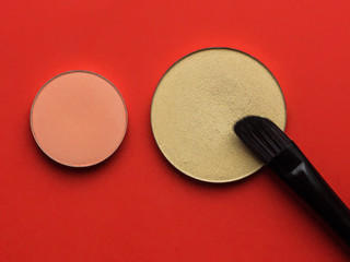 Obraz na płótnie Canvas For Make-up. Bright shade with brush on a red background 