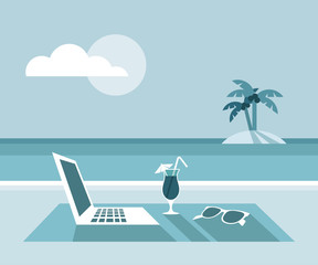Obraz na płótnie Canvas Laptop, cocktail, sunglasses on the beach - flat design 