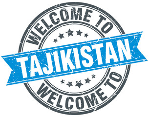 welcome to Tajikistan blue round vintage stamp