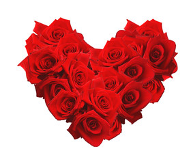 Valentines Day heart made of red roses isolated on white backgro