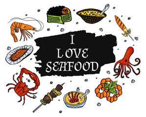 I love seafood on a pure white background. Isolated set of sea products and delicatessen, food gourmet