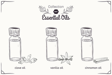 A set of essential oils in black and white style: cloves, vanilla, cinnamon.