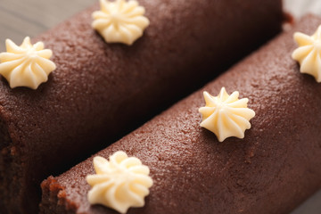 Two brown biscuit cakes close-up macro shot