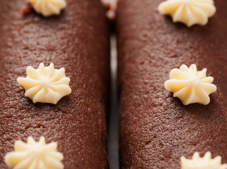 Two brown biscuit cakes close-up macro shot