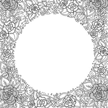 vector black and white floral pattern of spirals, swirls, doodles