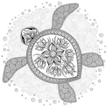 Pattern for coloring book.  Decorative graphic turtle.
