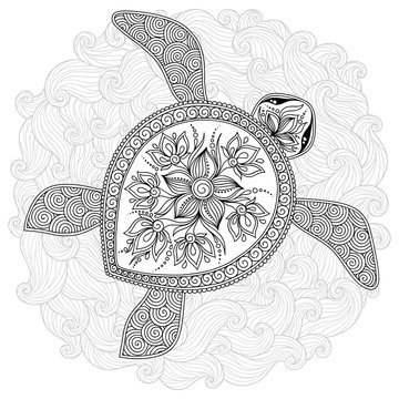 Pattern for coloring book.  Decorative graphic turtle.