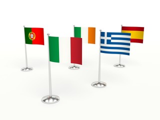 THE PIGS COUNTRIES, financial economic crisis. small Flags. 3d illustration on a white background.