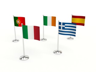 THE PIGS COUNTRIES, financial economic crisis. small Flags. 3d illustration on a white background.