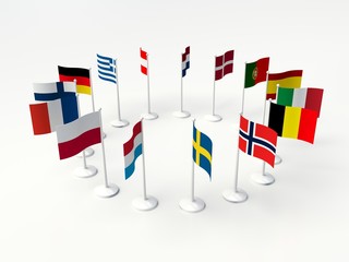 European countries. small Flags countries in a circle. 3d illustration on a white background.