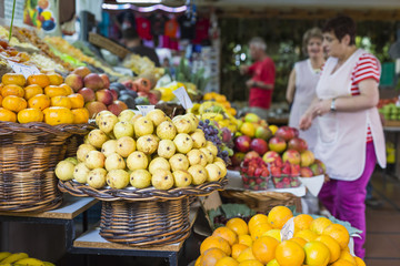 FUNCHAL, PORTUGAL - JUNE 25: Fresh exotic fruits in Mercado Dos