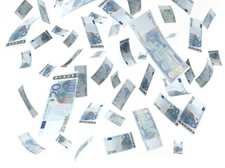 twenty euros banknote, Stacks falling on a white background. 3D illustration