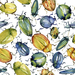 Watercolor seamless pattern of  bright beetles huddled