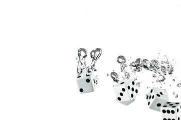 Dice dropped into the water, on a white background.