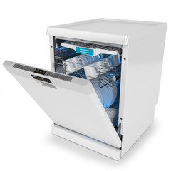 Open dishwasher with dishes