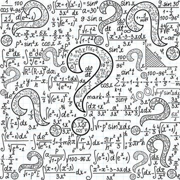 Mathematical vector seamless pattern with many question marks and other mathematical calculations, "handwritten on the copybook paper"
