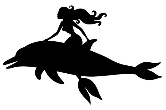 Silhouette of a mermaid riding a dolphin
