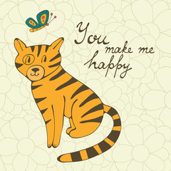 You make me happy. Cute hand drawn card with a cat and butterfly