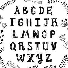 Funny handwritten textured ink alphabet. Lettering with plants and flowers. Hipster and vintage style. Perfect for your design!